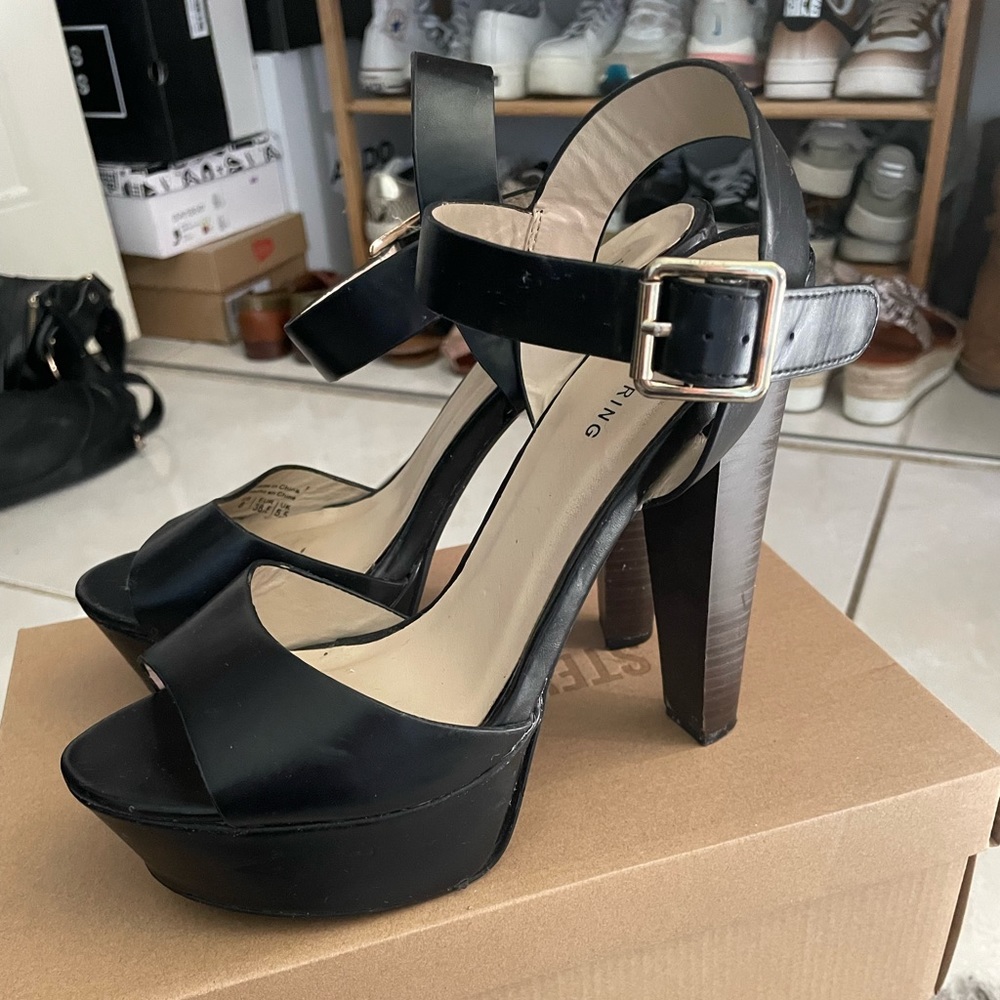 Black wooden block heels
